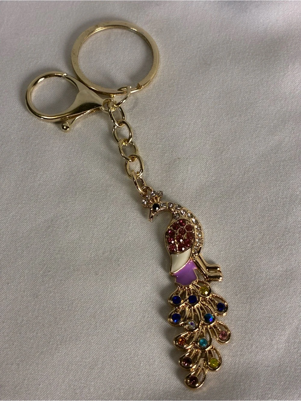 Gold Peacock Key & Card Holder Charm - Multicolor Gem Accents